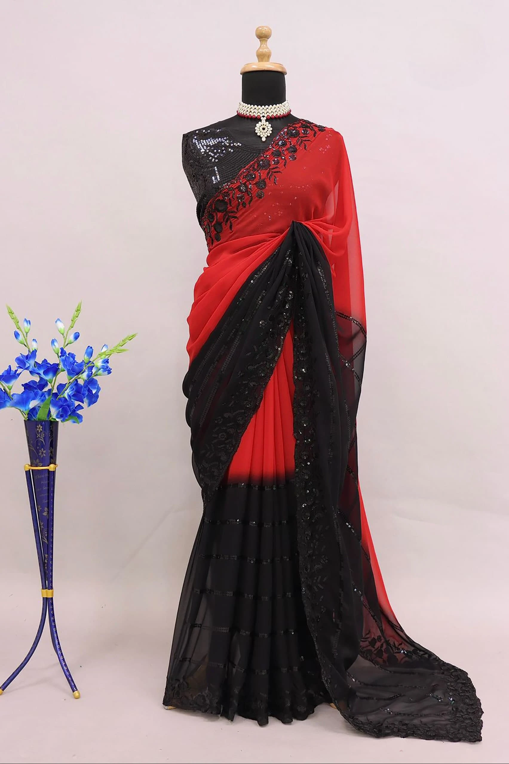 Vardan Ethnic Red &amp; Black Saree Georgette Peding Wholesale Fancy Saree — Wholesale Sarees, MPA wholesale from Surat — view 4